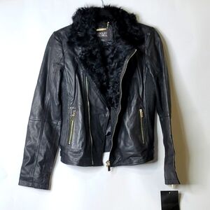 Badgeley Mischka leather moto jacket with lamb hair accent  on the collar